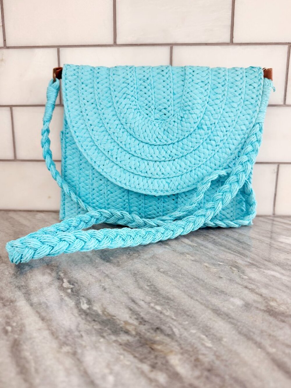 Bright Aqua Blue Woven Straw Raffia Flap Crossbody Purse Bag Boho Resort